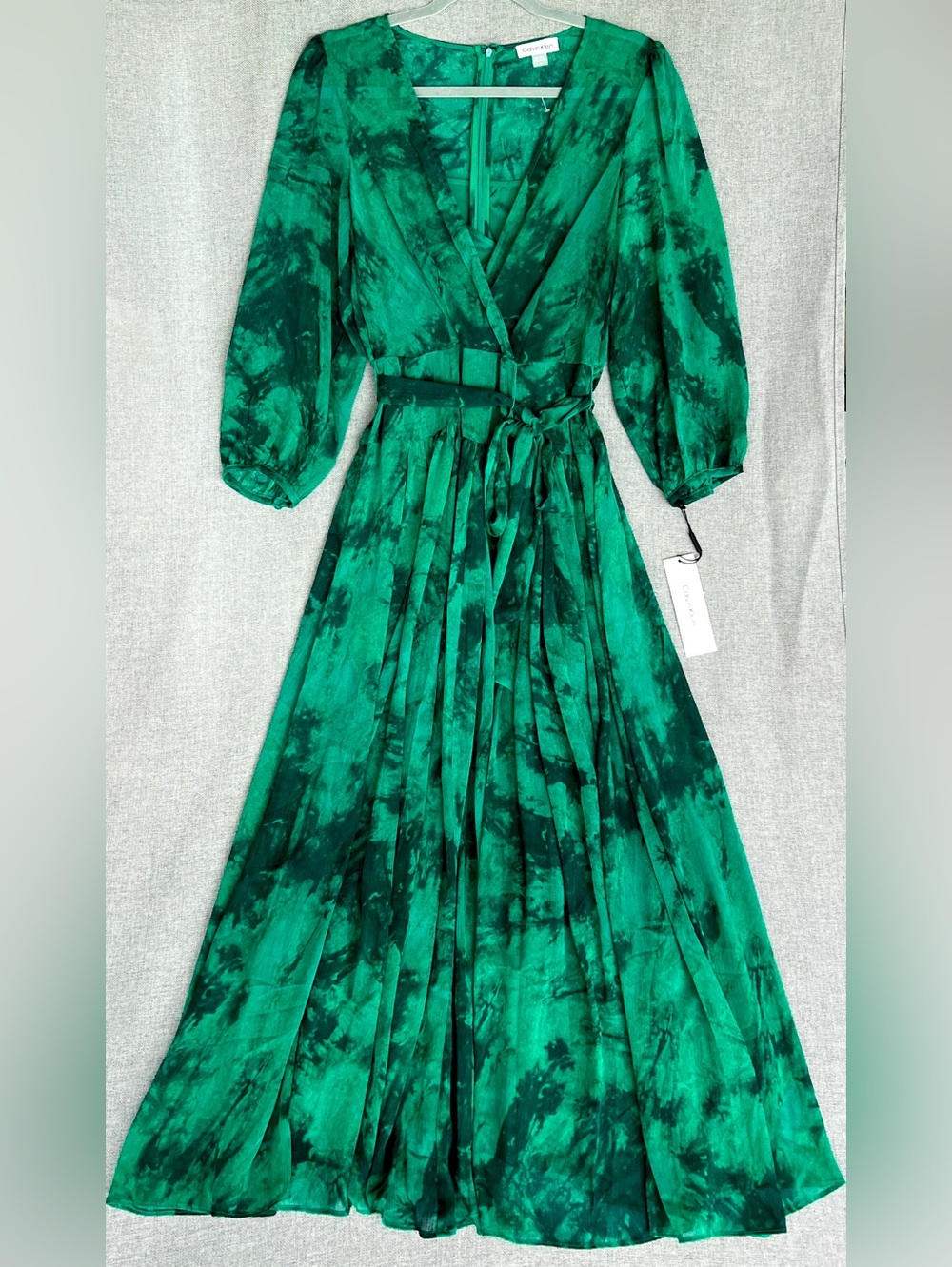 Calvin Klein Chiffon v neck faux wrap belted 3/4 sleeve maxi dress EMERALD GREEN